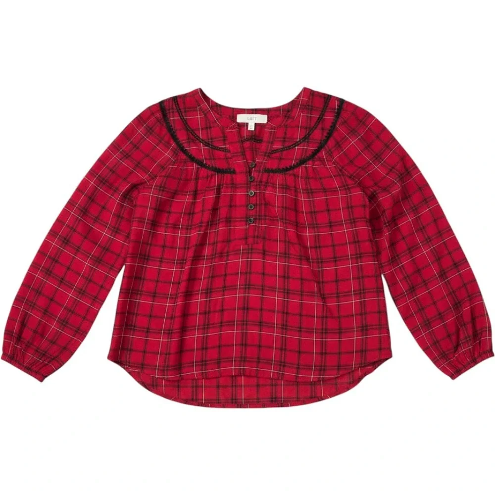 NWT Loft Button Front Yoke Blouse Red Plaid Lace Trim Boho Cabin Rustic Small